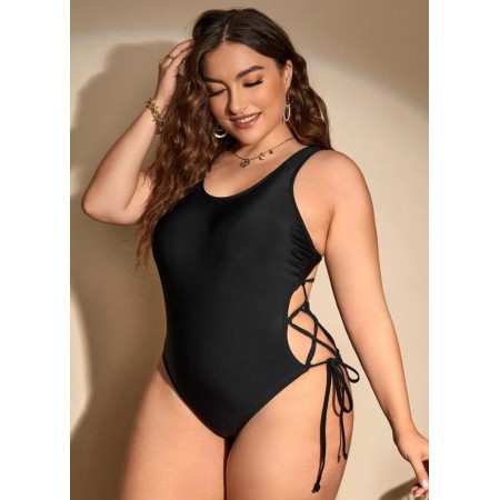Слитный купальник FS Plus Size  0XL (48-50) с декоративной шнуровкой Черный (7595)