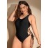 Суцільний купальник FS Plus Size 1XL (52-54) з декоративною шнурівкою Чорний (7596)