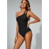 Суцільний купальник FS Swimsuit Women One Shoulder Tummy Covering Swimwear L Чорний (9791)