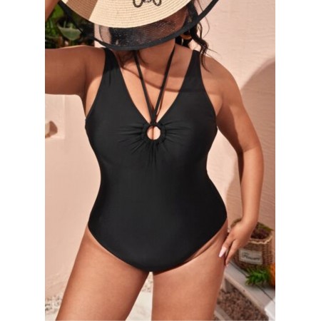 Слитный купальник FS Plus Size 4XL с декоративным кольцом Черный (10084)
