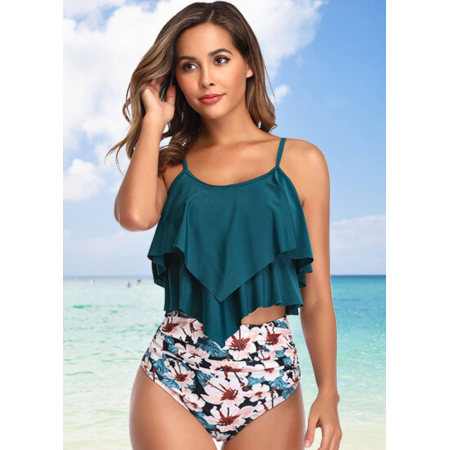 Женский раздельный купальник FS Bikini Set Ruffle High Waist топом-воланом  3XL Морской волны (9701)
