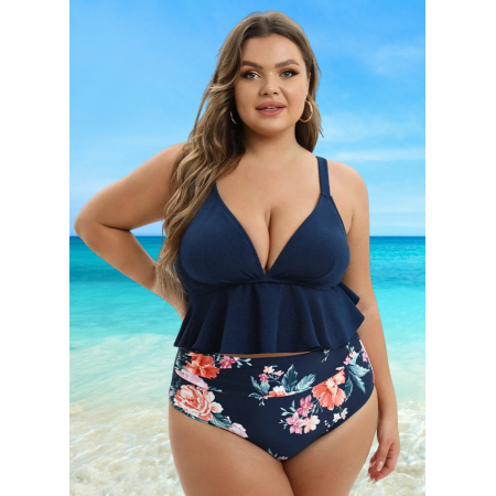 Роздільний купальник Cupshe V-Neck Ruffled Tankini & Floral Print 3XL Plus Size Синій (8334) Роздільний купальник Cupshe V-Neck Ruffled Tankini & Floral Print 3XL Plus Size Синій (8334)